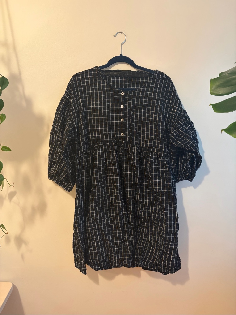 100% Cotton Black Windowpane Check Button-Front Dress